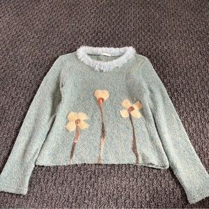 Vintage Knitted Teal Sweater, Floral Design and Fluffly Collar